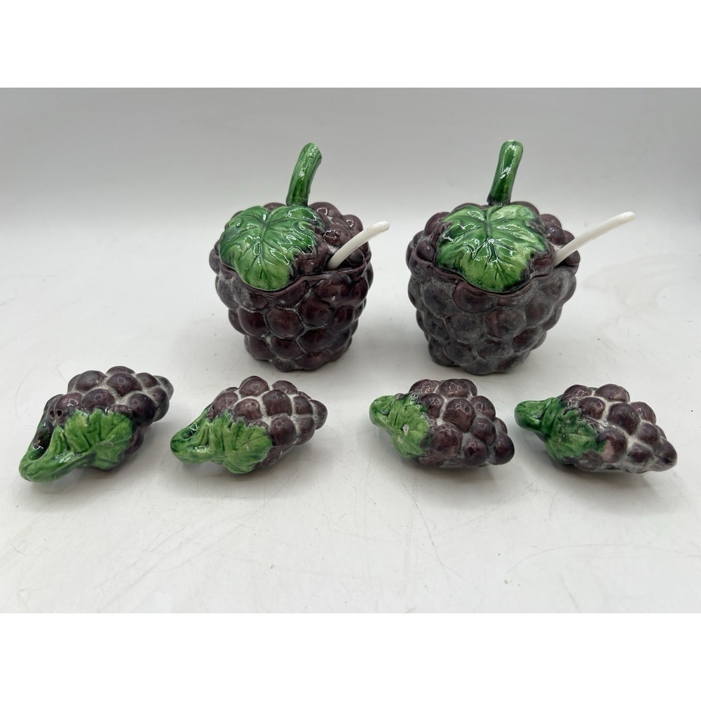 Vintage MCM Ceramic Hand Painted Grape Sugar Bowls With Salt & Pepper Shakers
